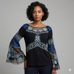 Vintage Collection Black Embroidered Mesh Bell Sleeve Blouse Top‎ Women Medium